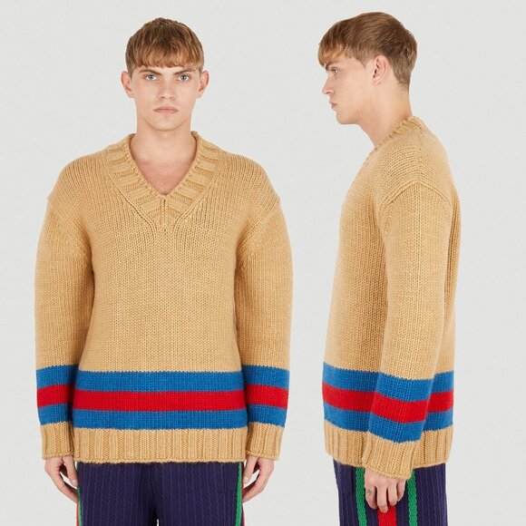 GUCCI MENS SWEATER STRIPED MOHAIR WOOL BLEND WEB STRIPE MOTIF sz M MEDIUM - Picture 2 of 15
